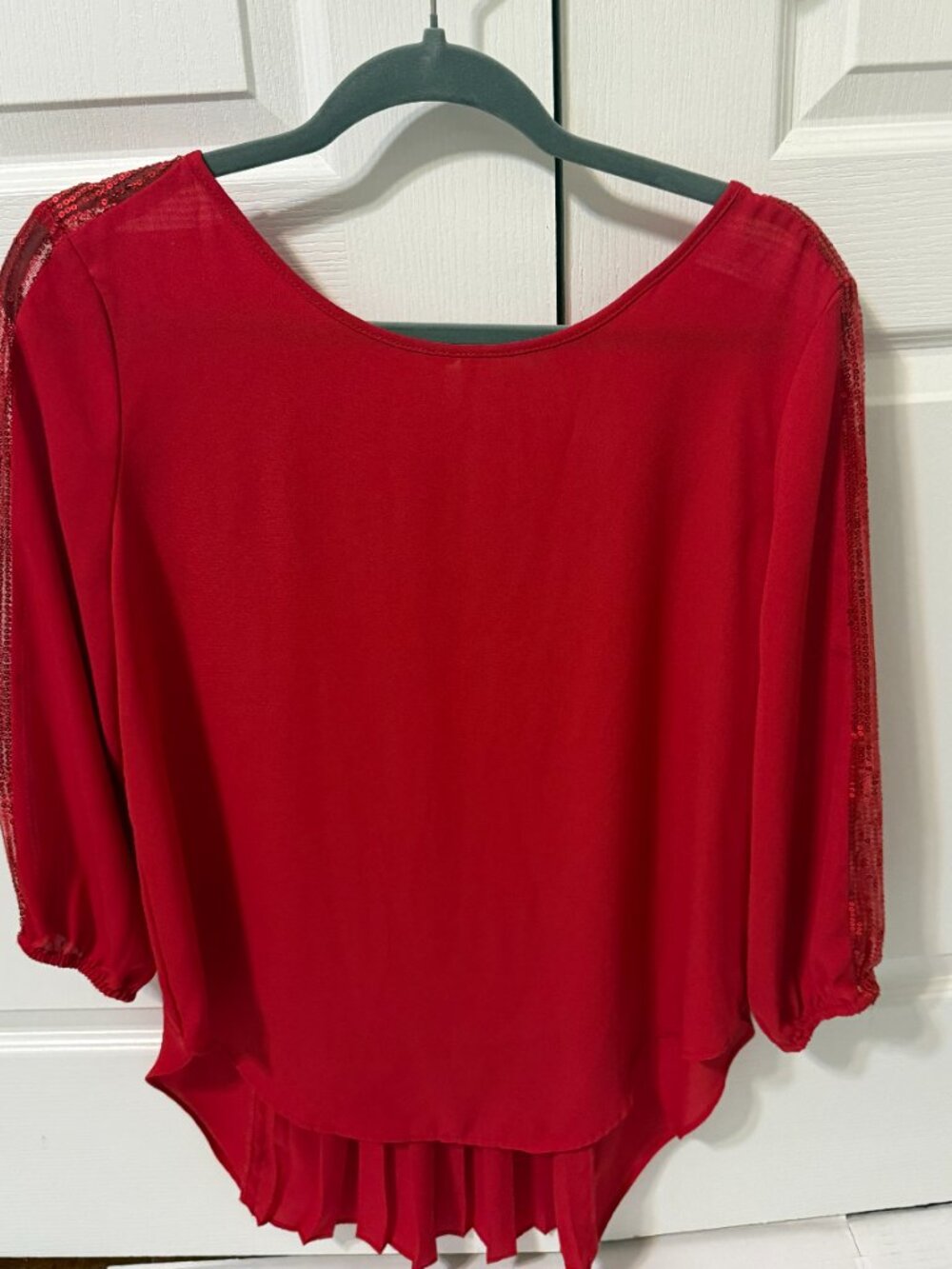 CATO Red Sequin Sleeve Blouse, High-Low Design with Pleated Back , Size Medium